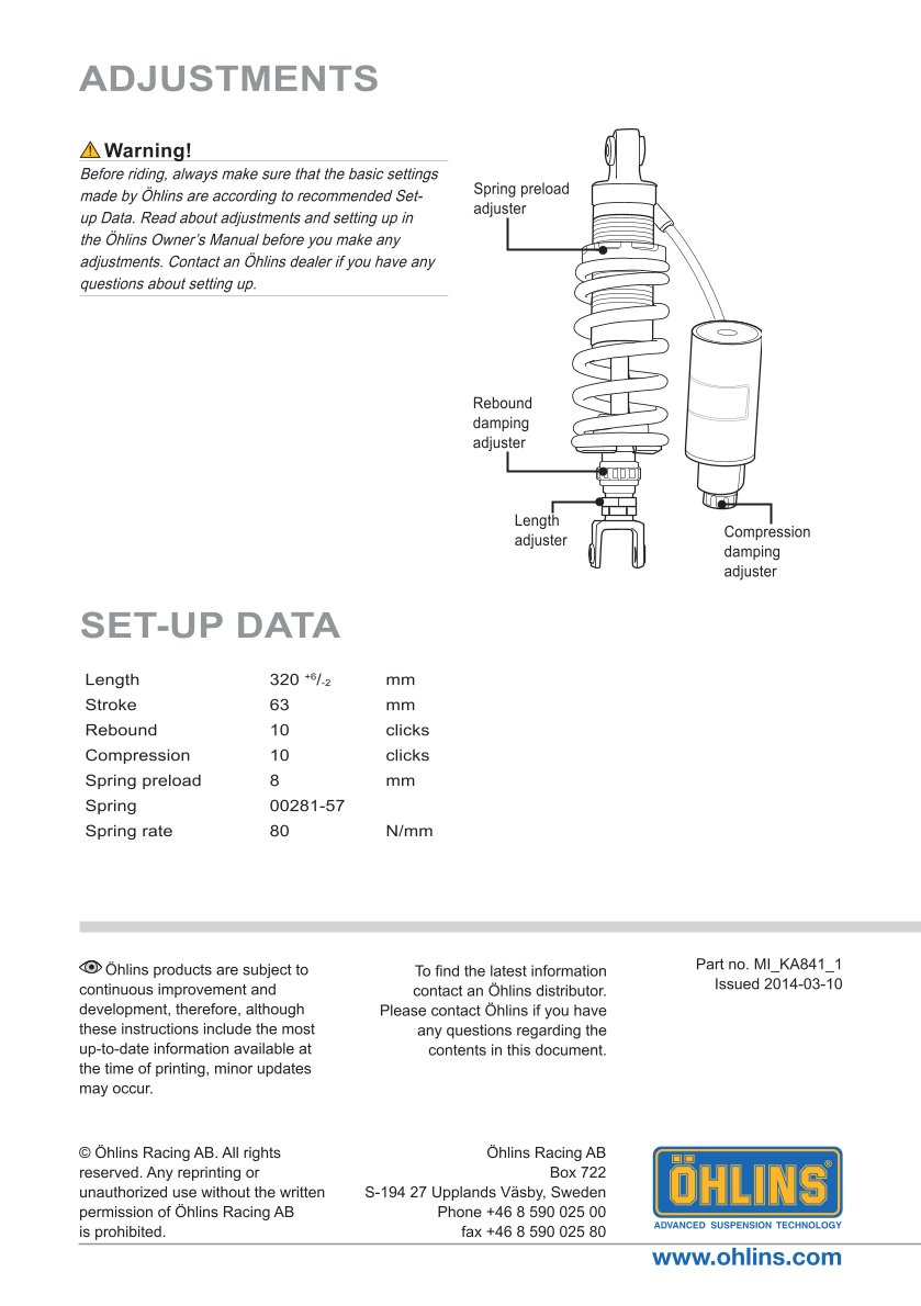 โช๊คหลัง OHLINS Sweden KA841 For Kawasaki Ninja250R 2009-2016