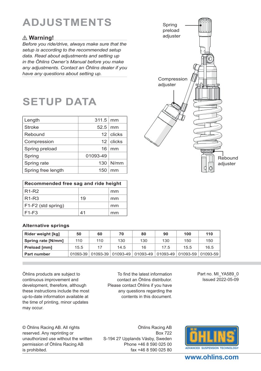 โช๊คหลังแต่ง Ohlins YA589 For Yamaha YZF R7 ปี 2021-2024