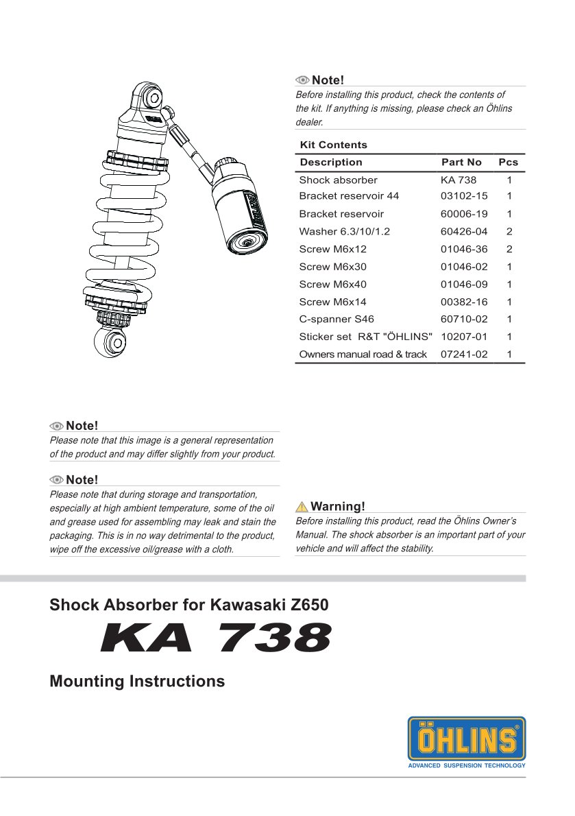 โช๊คหลัง OHLINS KA738 FOR Kawasaki Z650 2017-2018