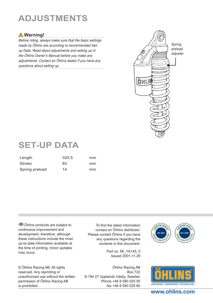 โช๊คหลังแต่ง Ohlins YA145 For Yamaha XJR 400 ปี 1991-2000