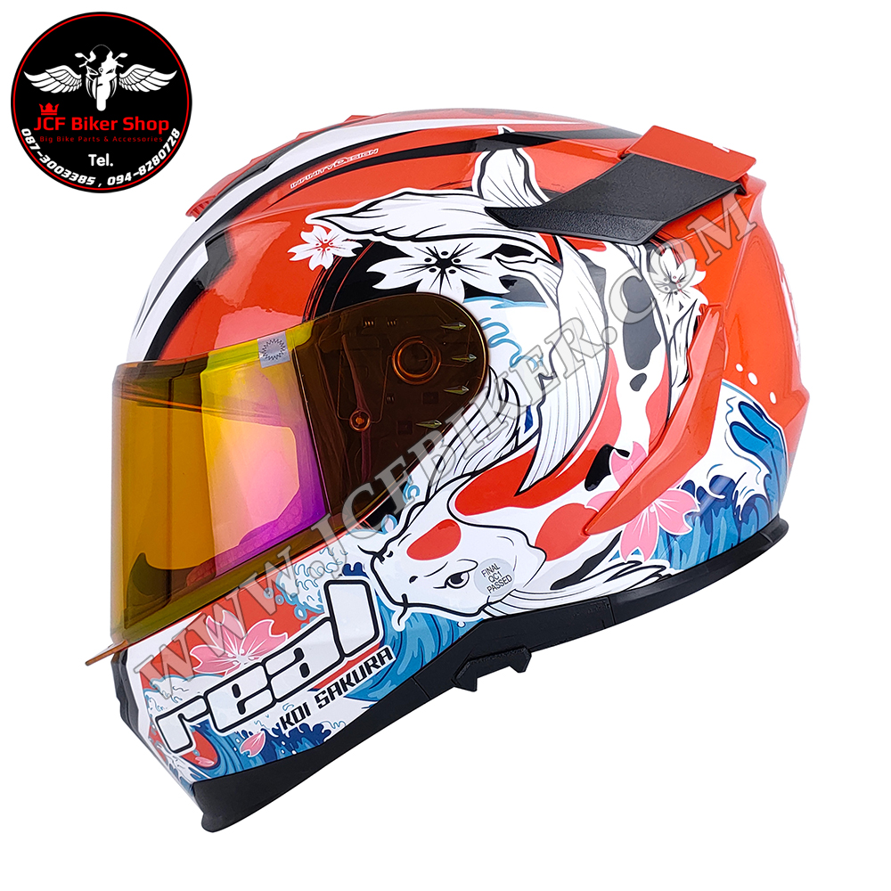 หมวกกันน็อคเต็มใบ หมวกกันน็อค Real Helmets รุ่น Hurricane Koi Sakura ขาว-แดง