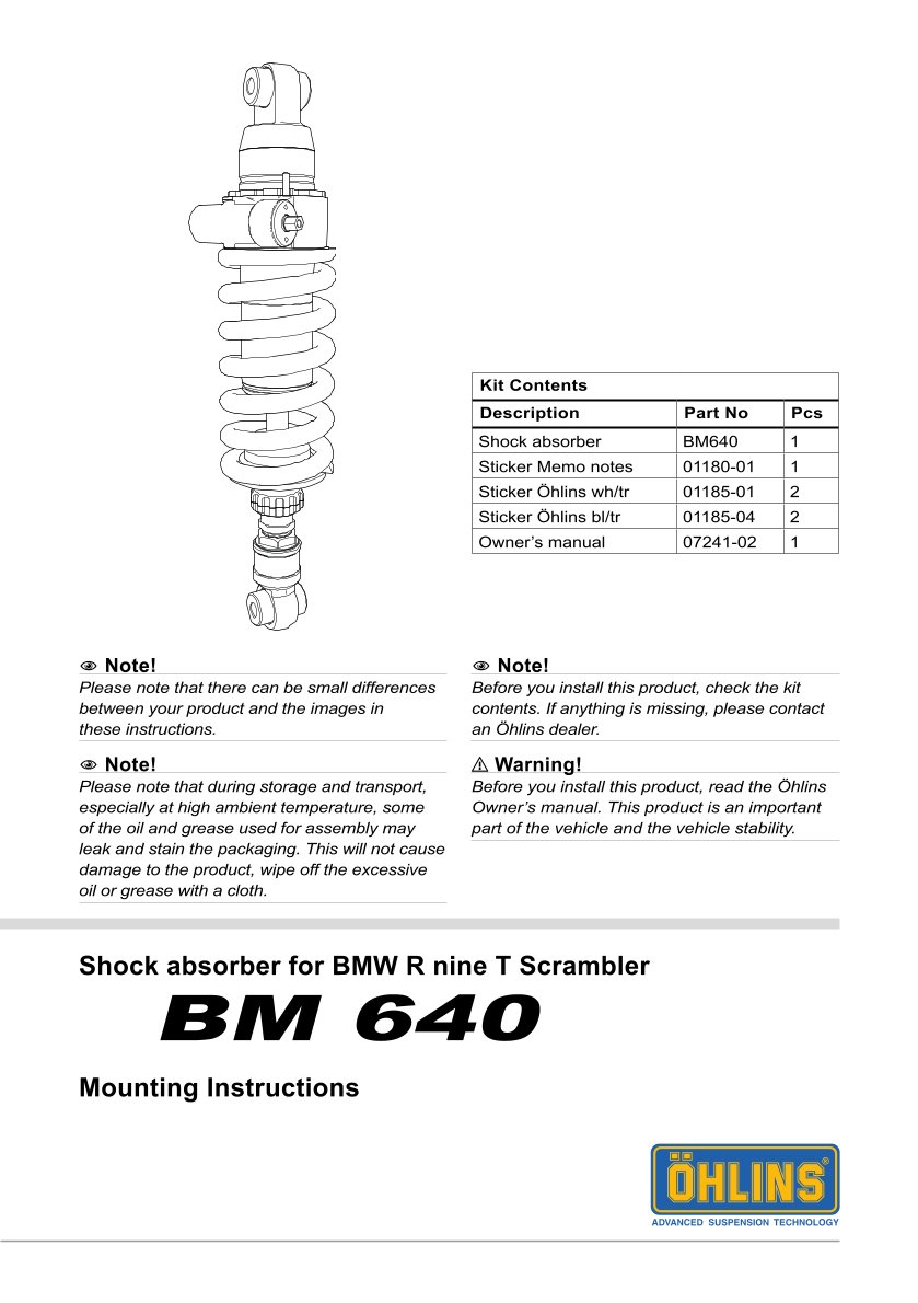 โช๊คหลังแต่ง Ohlins BM640 For BMW R nineT Urban G/S ปี 2017-2020