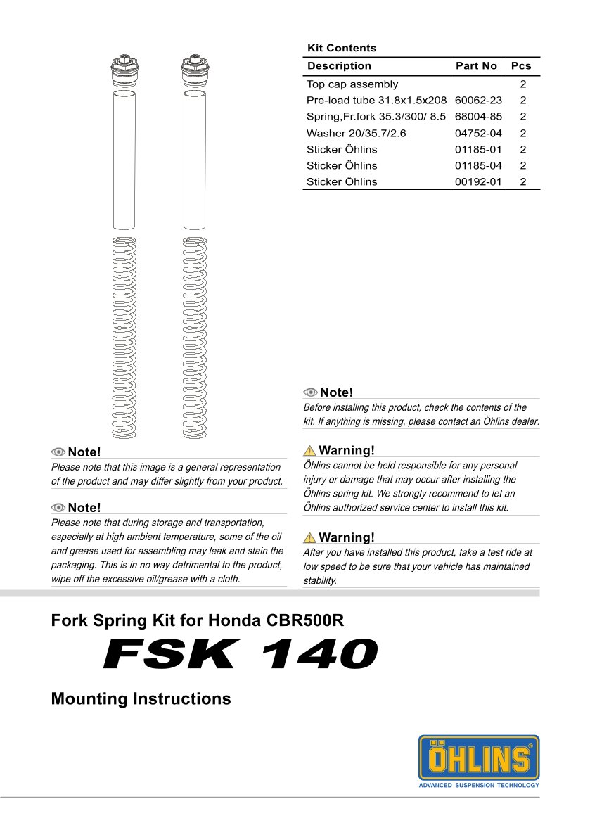 สปริงโช้คหน้า Ohlins FSK140 ForHonda CBR500R 2019-2020
