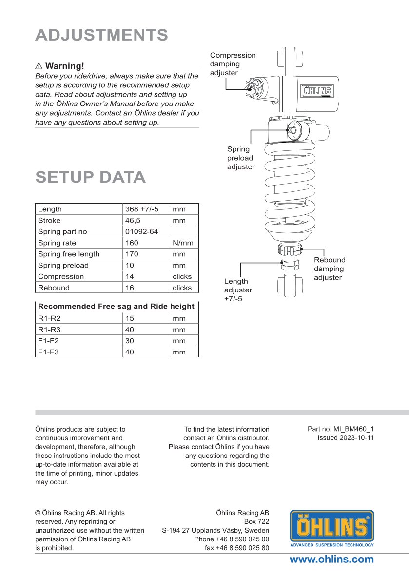 โช๊คหลังแต่ง Ohlins BM460 For BMW R nineT Pure ปี 2021-2023