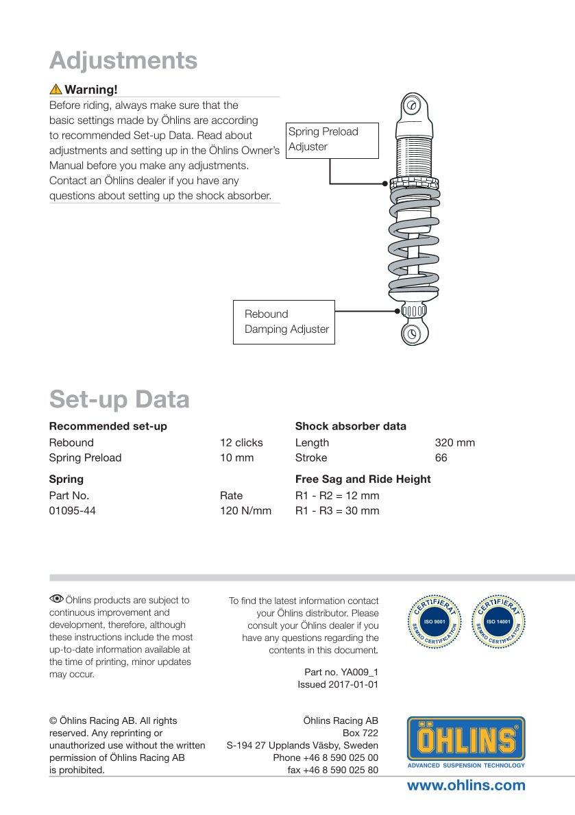 โช๊คหลังแต่ง Ohlins YA009 For Yamaha FZ 1 ปี 2006-2013