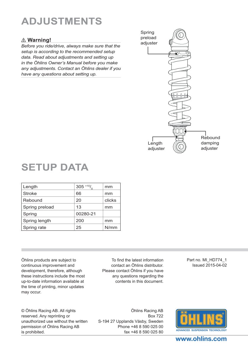 โช๊คหลังแต่ง Ohlins HD774 For Harley-Davidson FL Touring (Road King, Street Glide, Electra Glide etc) ปี 1990-2022