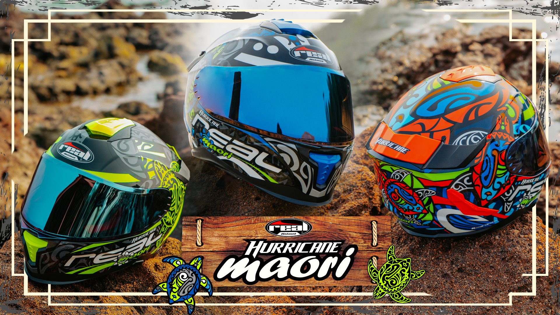หมวกกันน็อคเต็มใบ หมวกกันน็อค Real Helmets รุ่น Hurricane Maori สีดำ-น้ำเงิน