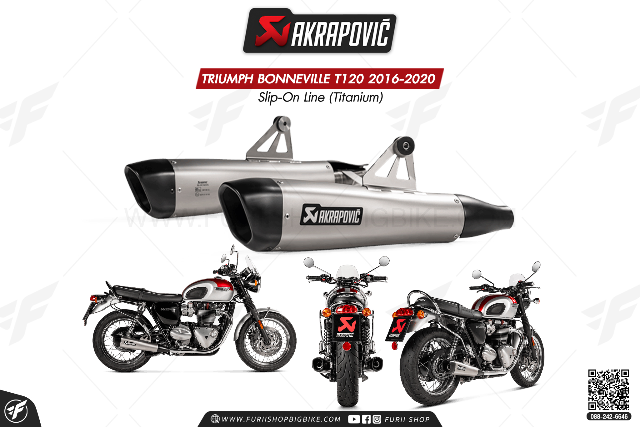 ท่อแต่ง Akrapovic Exhaust Slip-On Line (Titanium) TRIUMPH BONNEVILLE T120 2016-2020