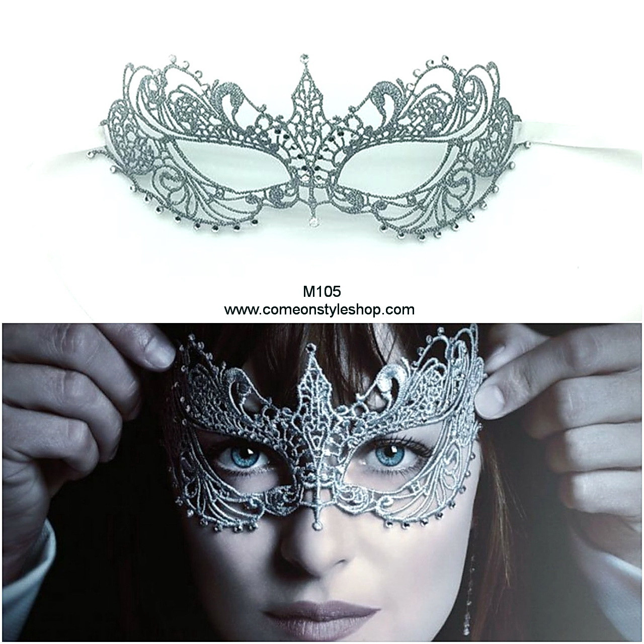 หน้ากาก Fifty Shade Darker รุ่นพรีเมียม ผ้าลูกไม้สีเงินประดับคริสตัล หน้ากากปาร์ตี้ ลูกไม้ ออกงานแฟนซี