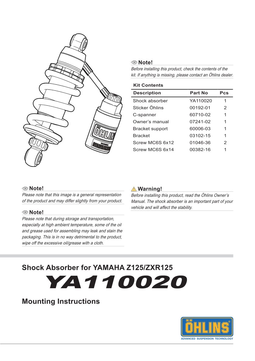 โช๊คหลังแต่ง Ohlins YA110020 For Yamaha Y125Z ปี 2014