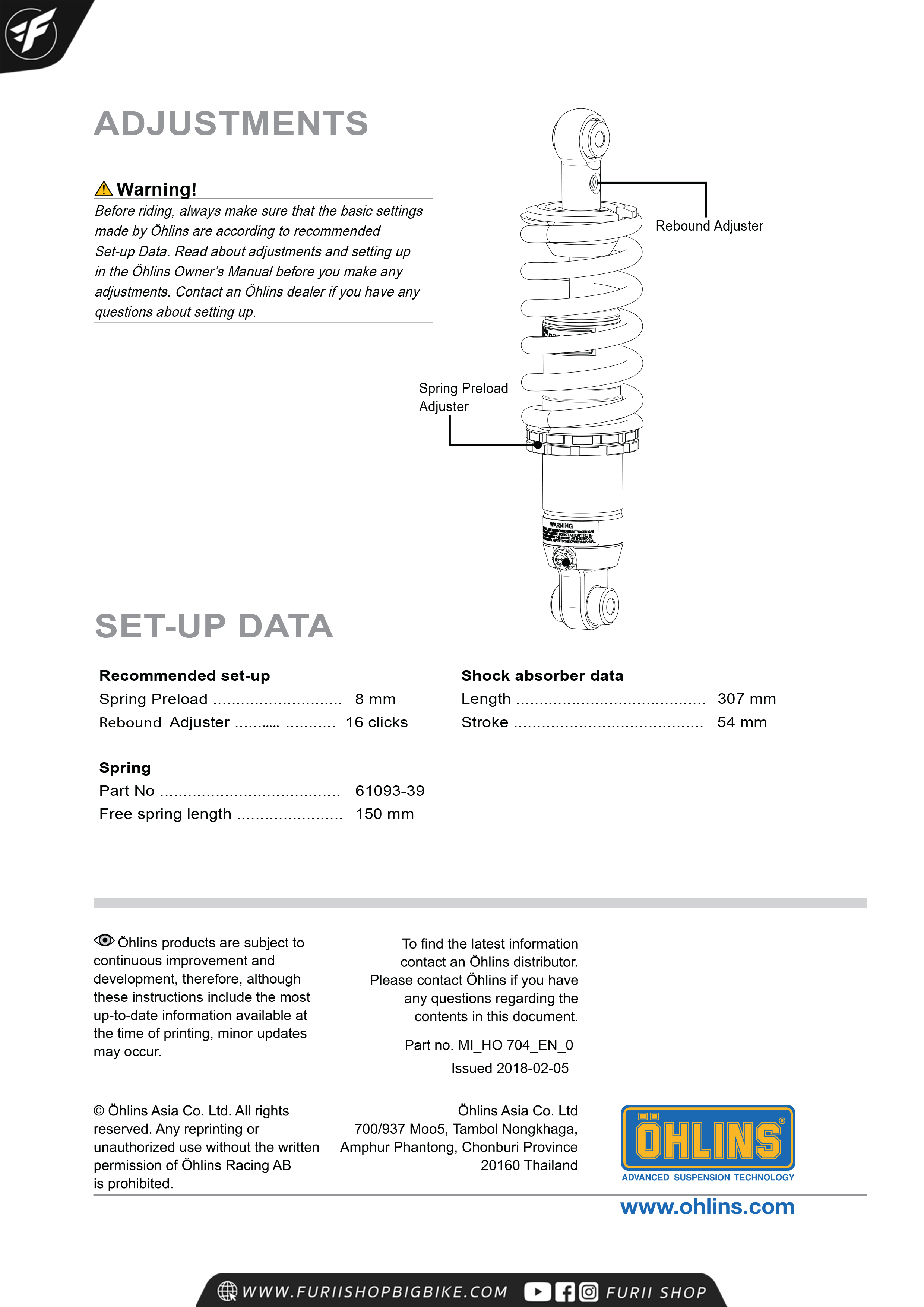 โช๊คหลัง OHLINS HO704 FOR Honda CBR500R, CB500F 2013-2017
