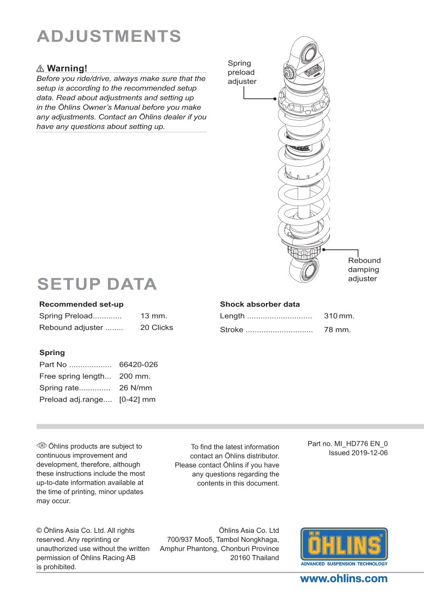 โช๊คหลังแต่ง Ohlins HD776 For Harley-Davidson FL Touring (Road King, Street Glide, Electra Glide etc) ปี 1990-2022