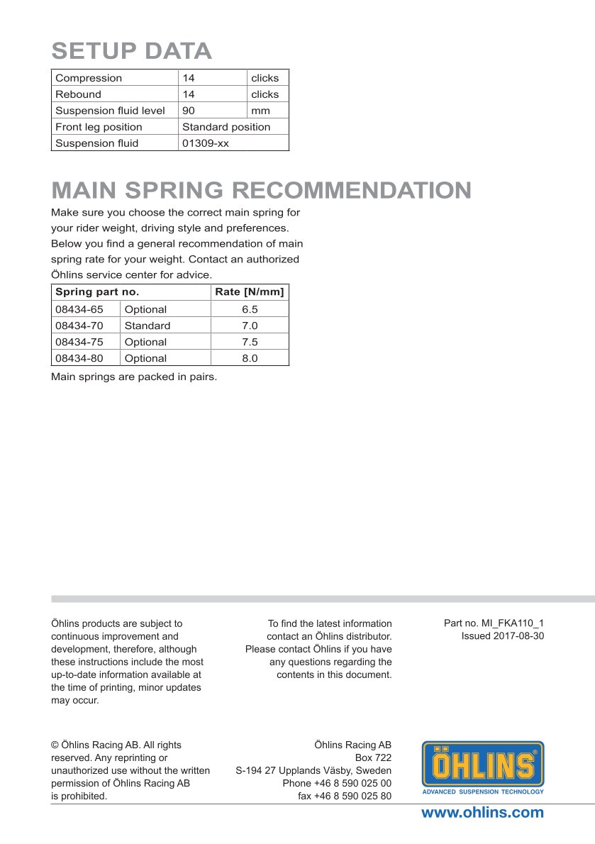 สปริงโช้คหน้า Ohlins FKA110 For Honda CRF1100 Africa Twin DCT (Showa) 2020-2023