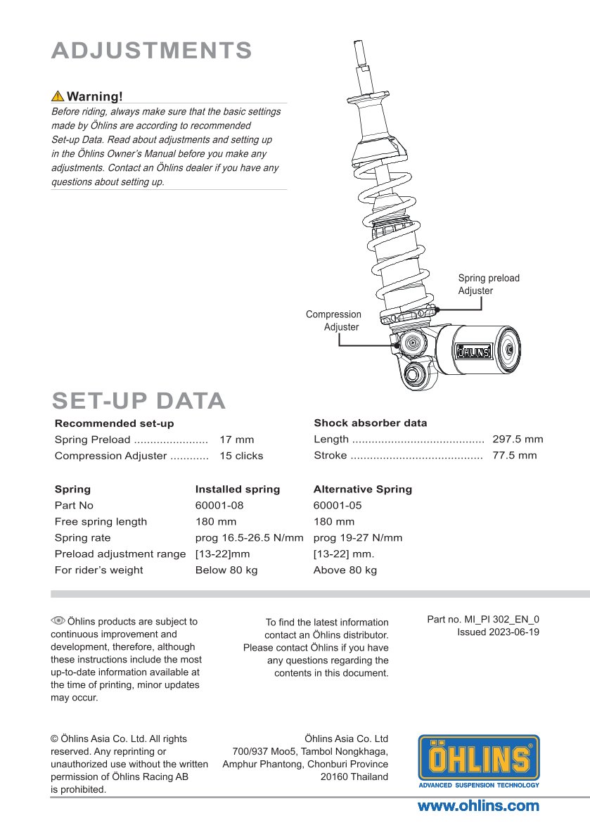 โช๊คหลังแต่ง Ohlins PI302 For Vespa S125/LX125 ปี 2022-2023