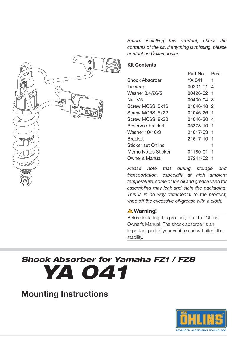 โช๊คหลังแต่ง Ohlins YA041 For Yamaha FZ 1 ปี 2006-2013