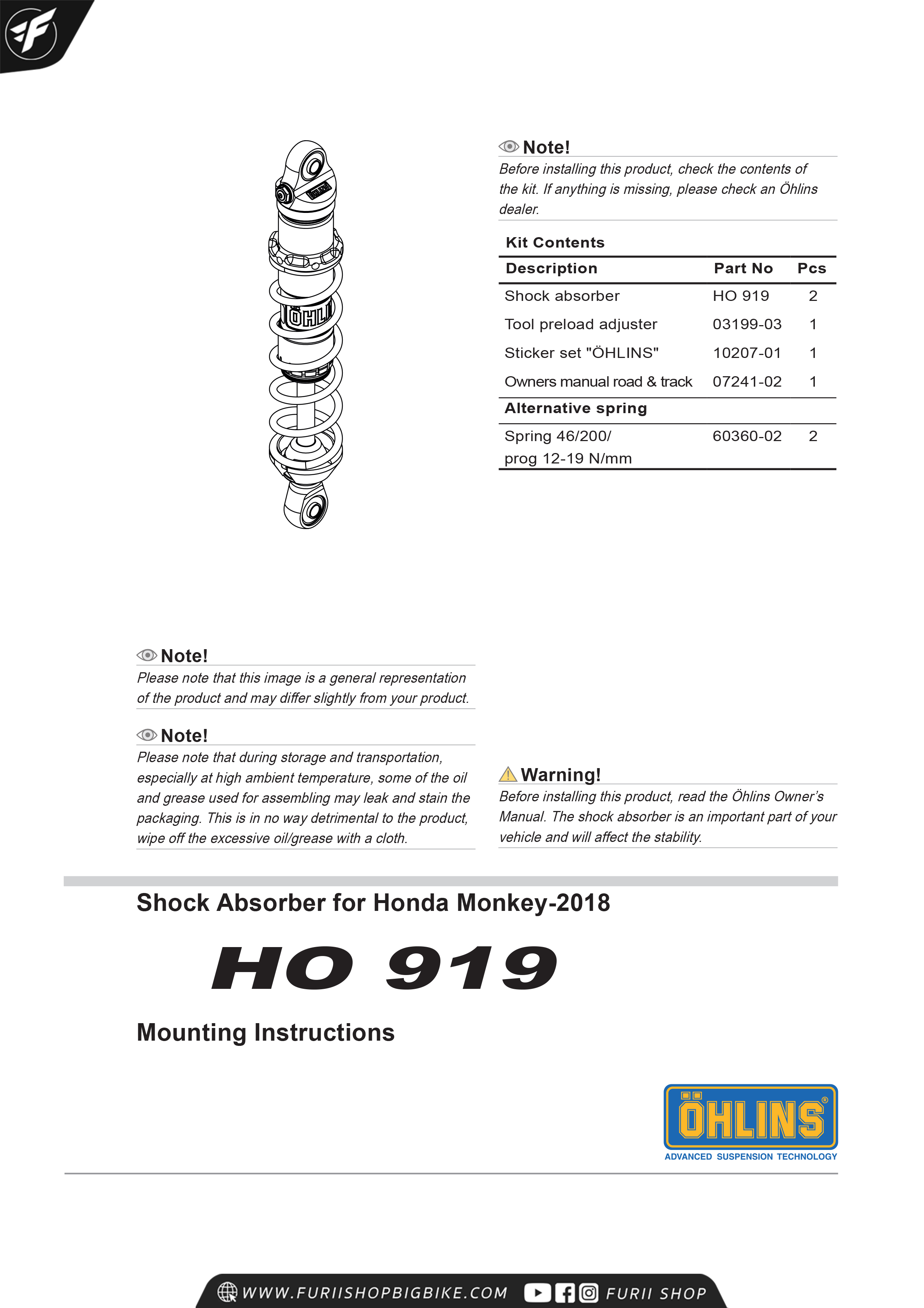 โช๊คหลัง OHLINS HO919 FOR Honda Monkey 2018-2019