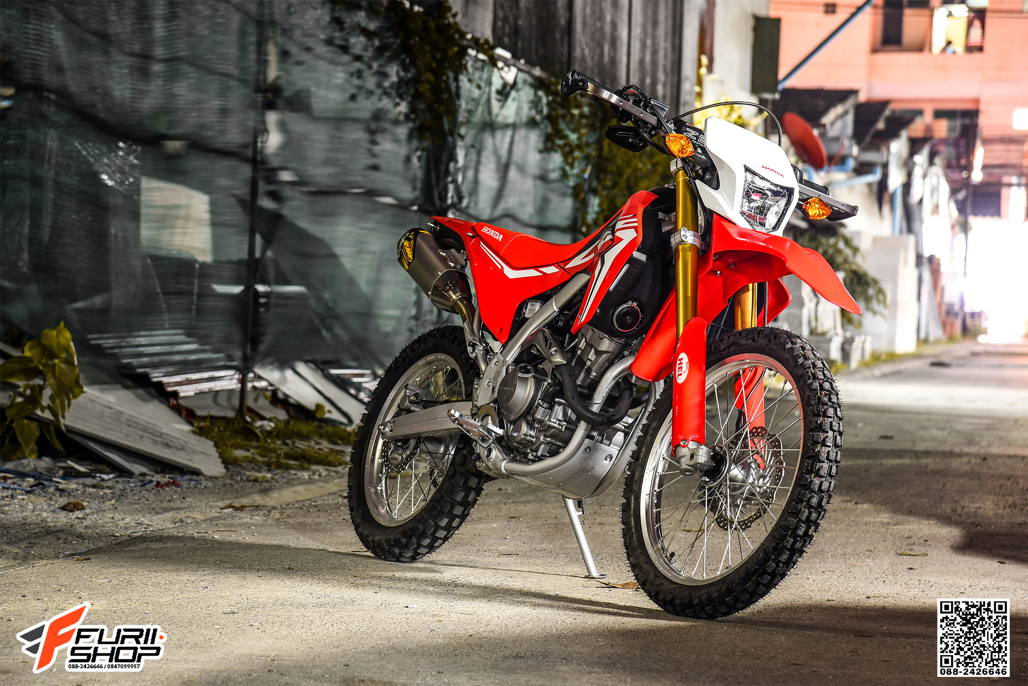 สายHEL HONDA CRF250 เดินทางเดิม หน้า-หลัง สายCARBON หัวเบนโจสีเงิน