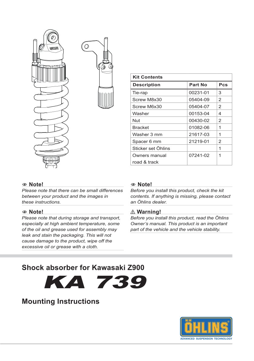 โช๊คหลังแต่ง Ohlins KA739 For Kawasaki Z900 Performance ปี 2017-2023