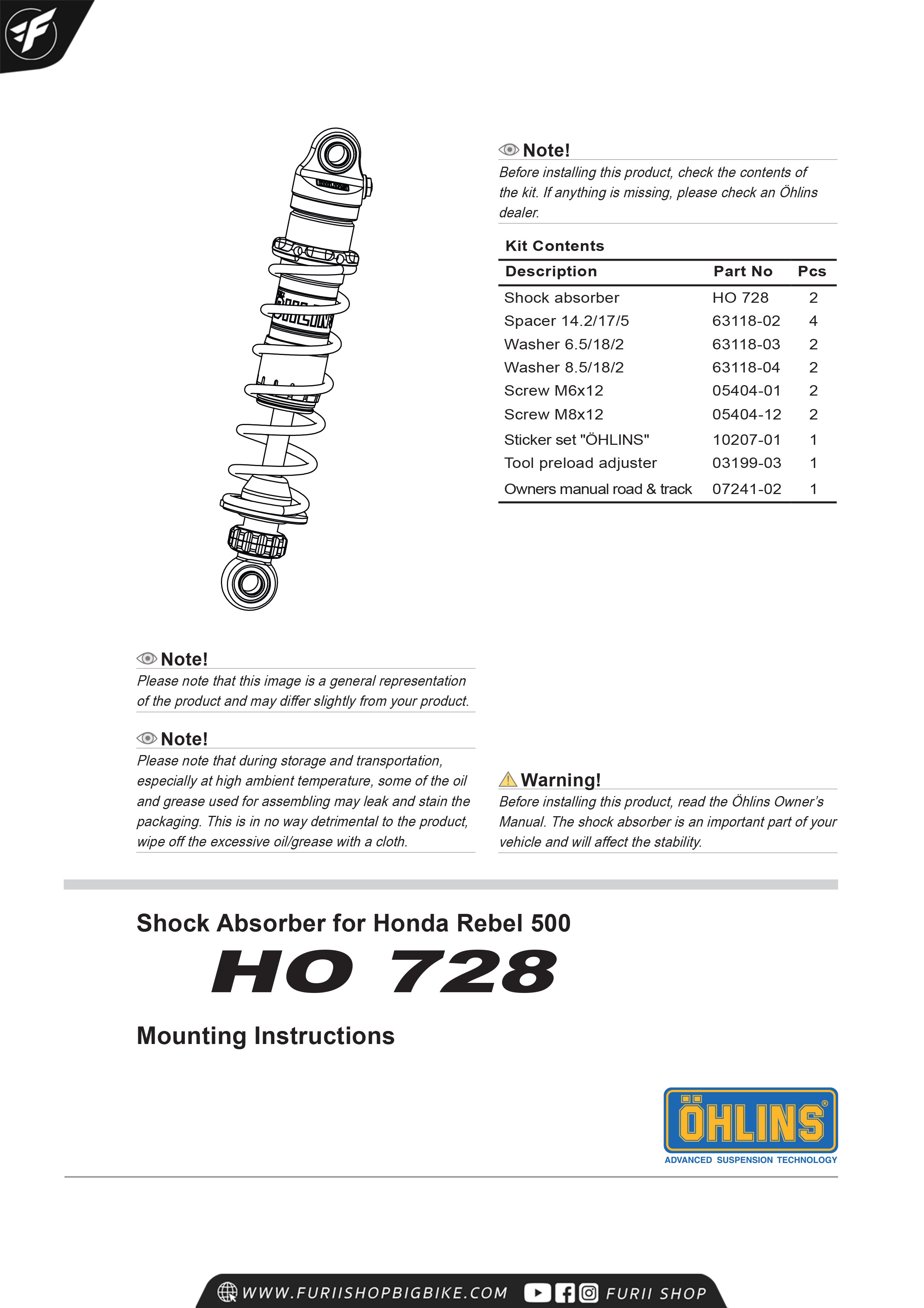 โช๊คหลัง OHLINS D Type HO728 FOR HONDA REBEL500