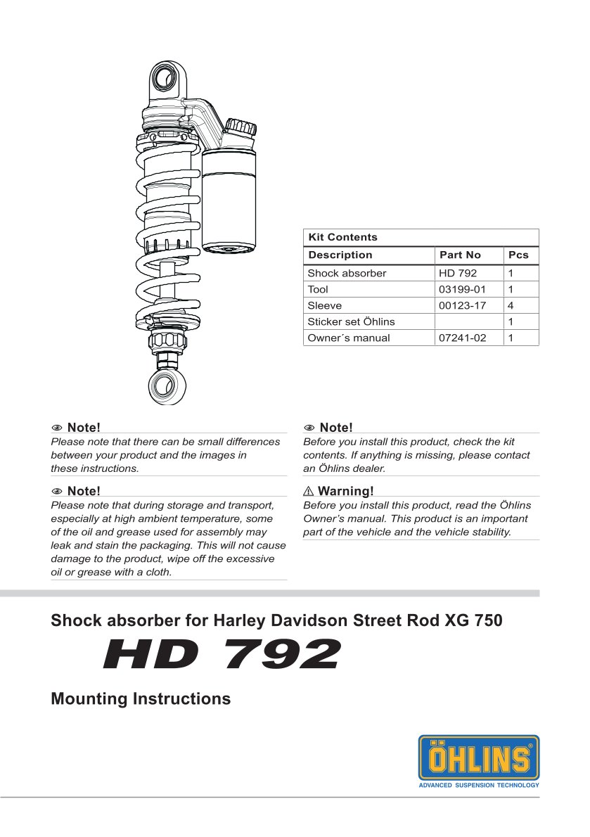 โช๊คหลังแต่ง Ohlins HD792 For Harley-Davidson XG750A Street Rod ปี 2018-2020