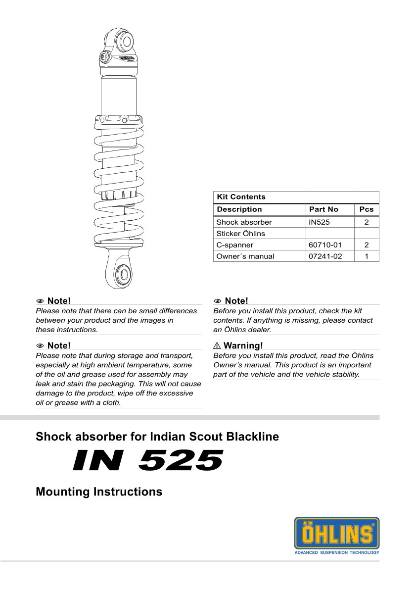 โช๊คหลังแต่ง Ohlins IN525 For Indian Scout ปี 2015-2022