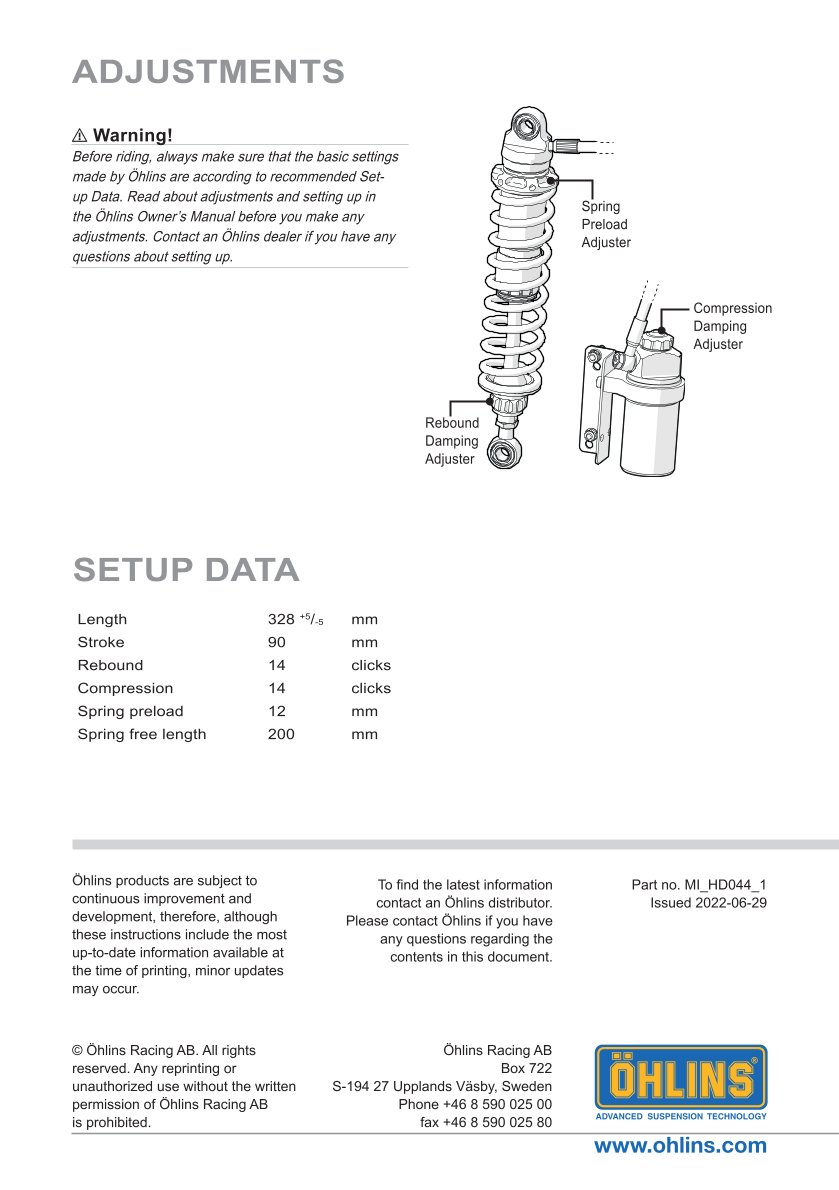 โช๊คหลังแต่ง Ohlins HD044 For Harley-Davidson FL Touring (Road King, Street Glide, Electra Glide etc) 2014-2024