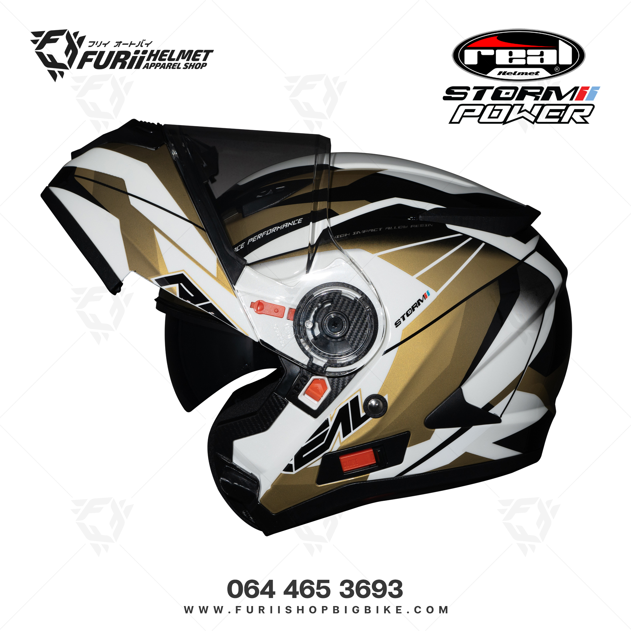 หมวกกันน็อคเต็มใบ Real : Storm Power ขาว-ทอง