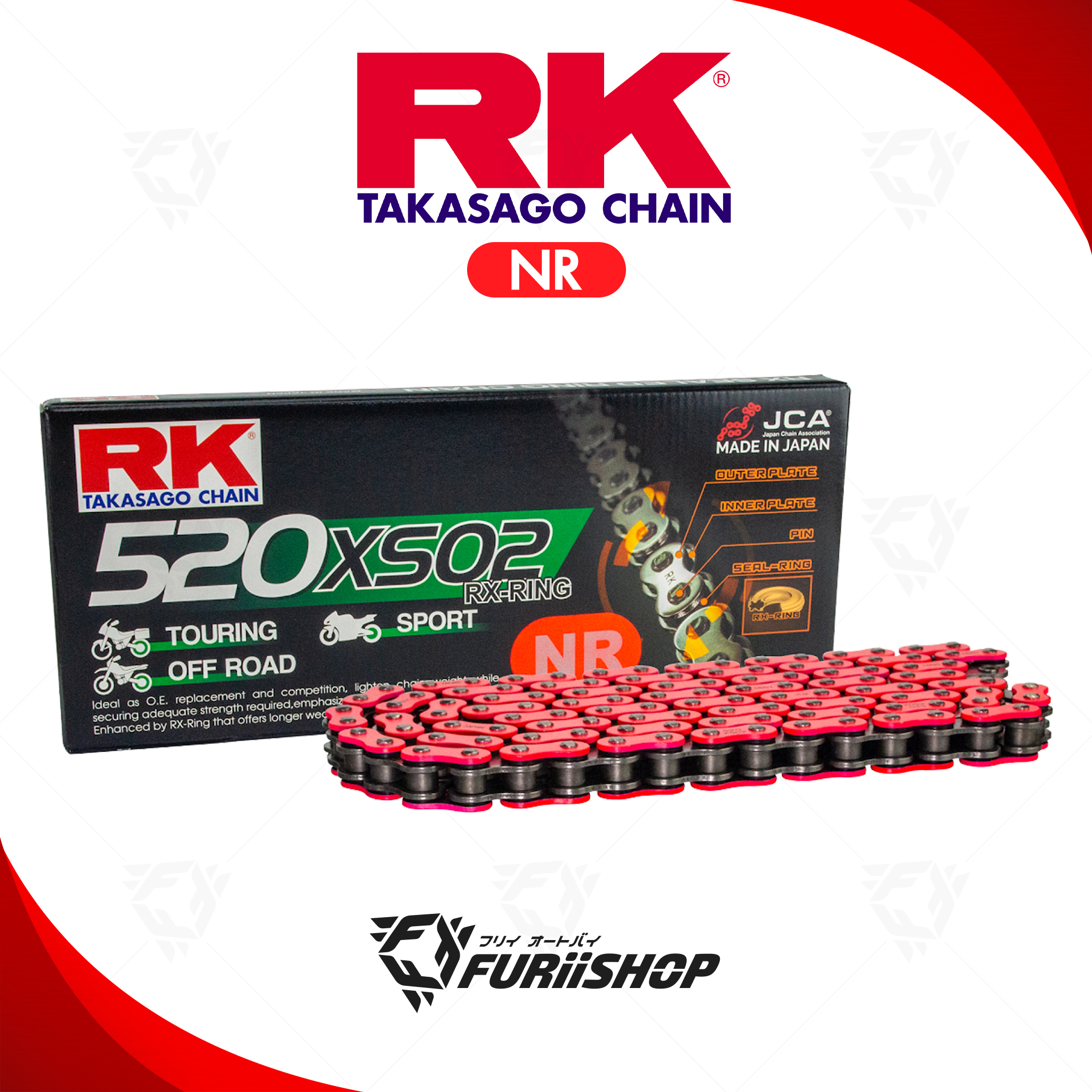 โซ่ RK แท้ 520XSO RX-Ring Chain NR520XSO-120L (สีแดงNeon) สำหรับรถมอเตอร์ไซค์ 250-800cc