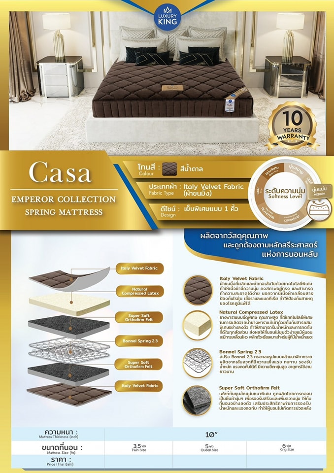 ที่นอนสปริงเสริมยางพารา รุ่นCasa ขนาด5ฟุต