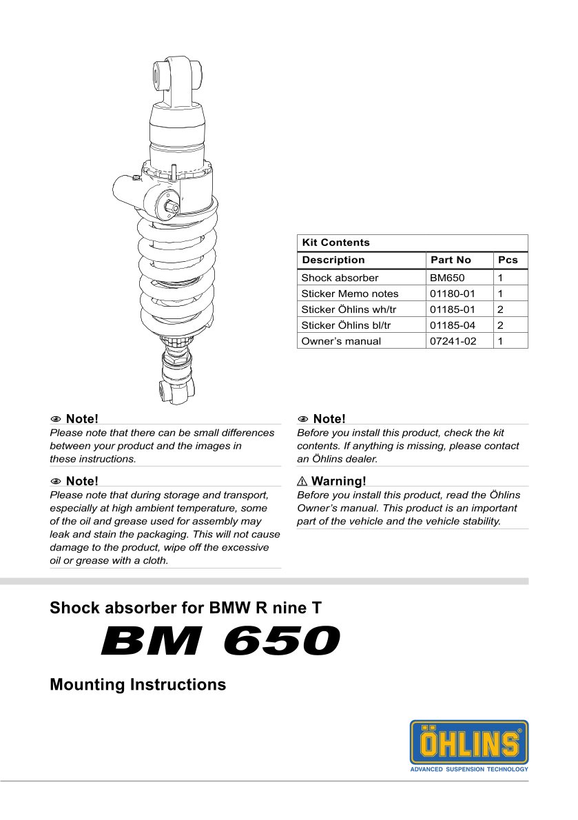 โช๊คหลังแต่ง Ohlins BM650 For BMW R nineT Pure ปี 2017-2020