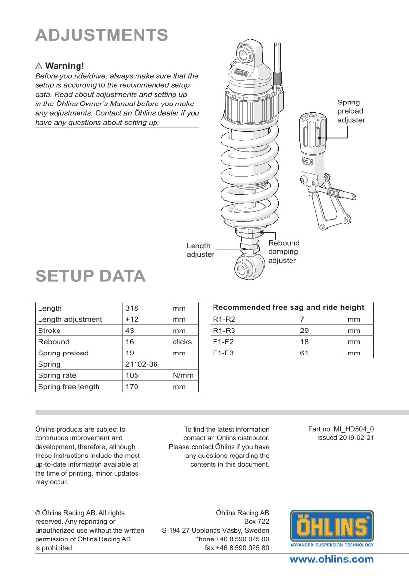 โช๊คหลังแต่ง Ohlins HD504 For Harley-Davidson Softail Low Rider ST ปี 2022