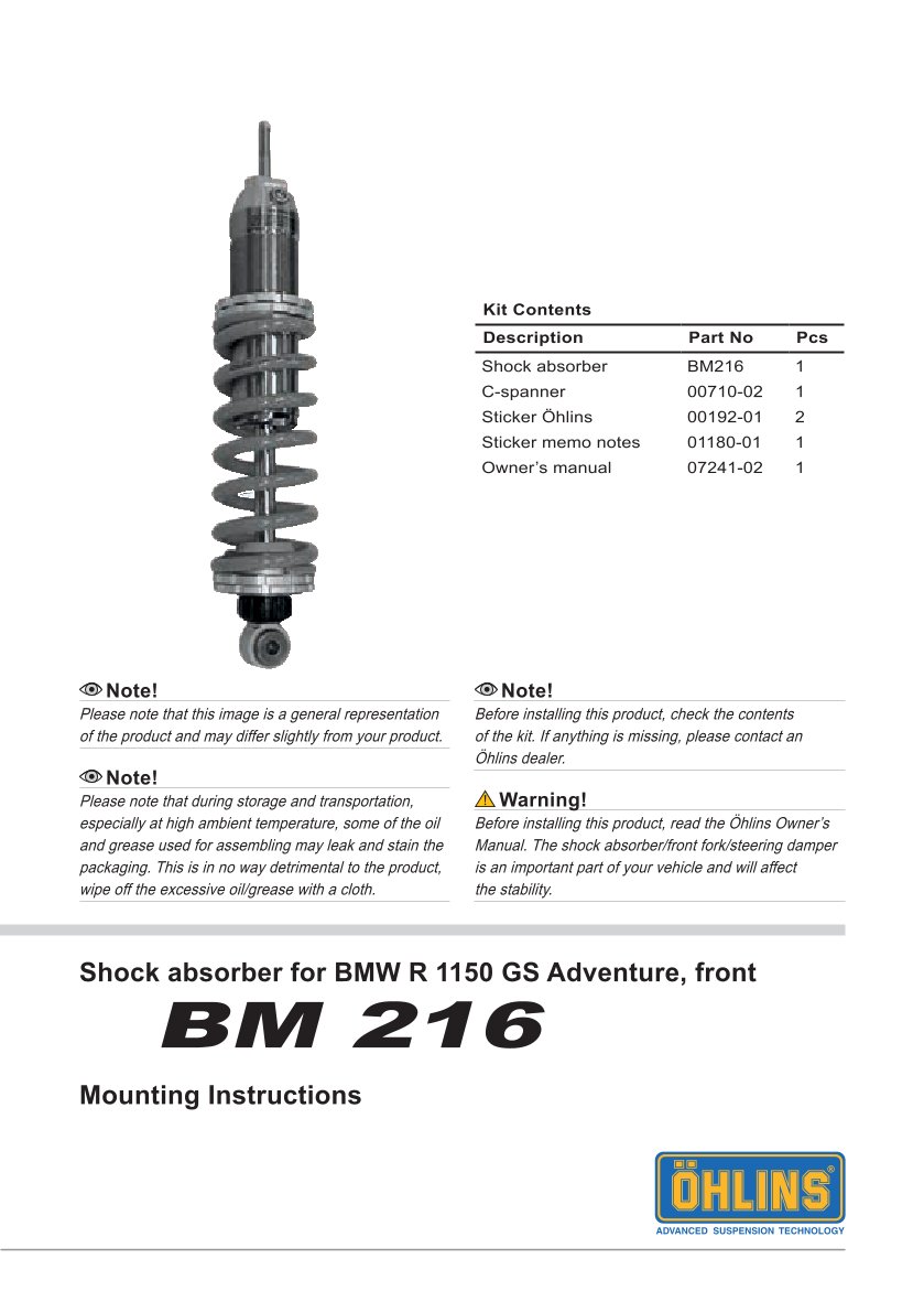 โช๊คหลังแต่ง Ohlins BM216 For BMW R 1150 GS Adventure ปี 2002-2005