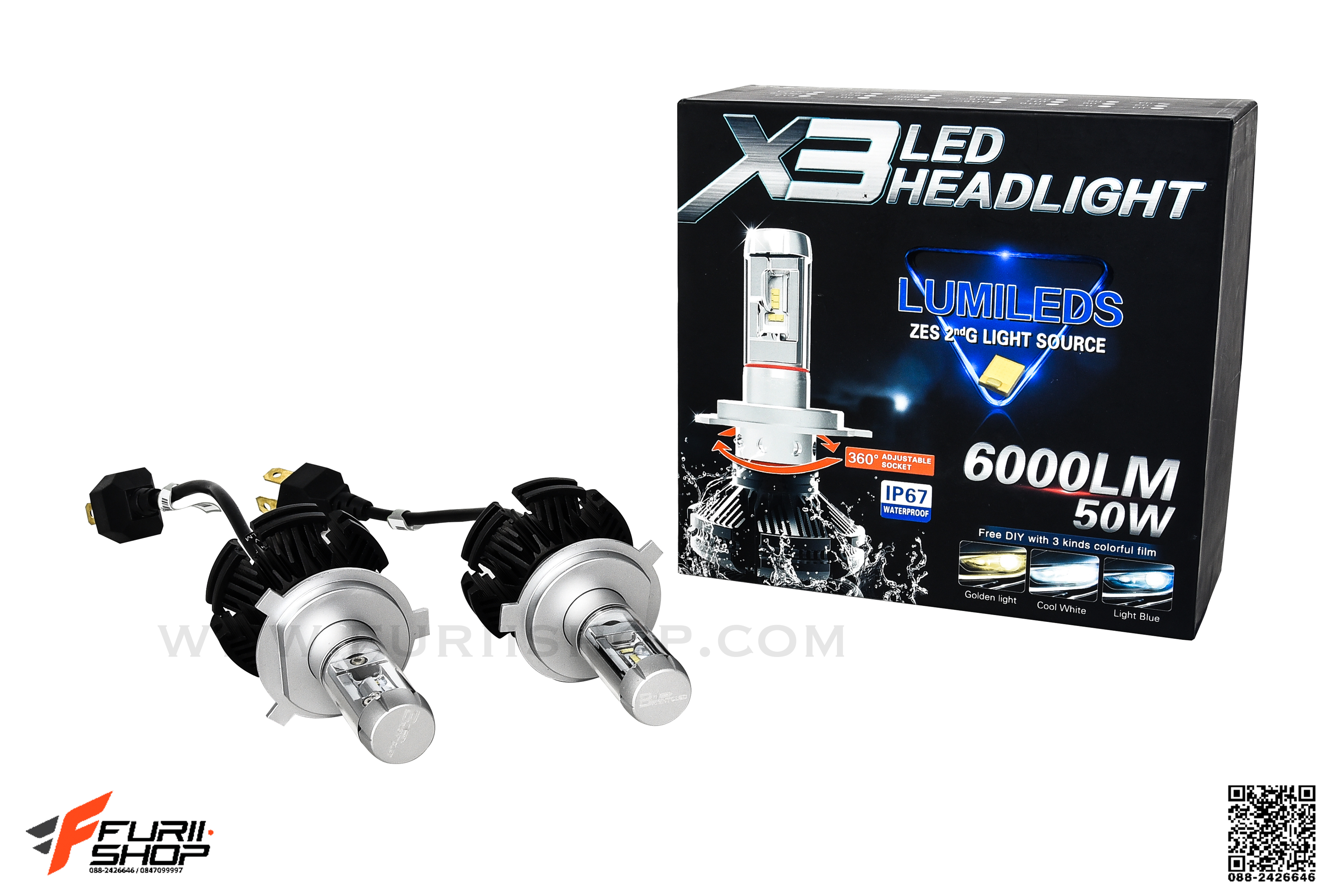 ไฟหน้า X3 LED HEADLIGHT 6000LM 50W
