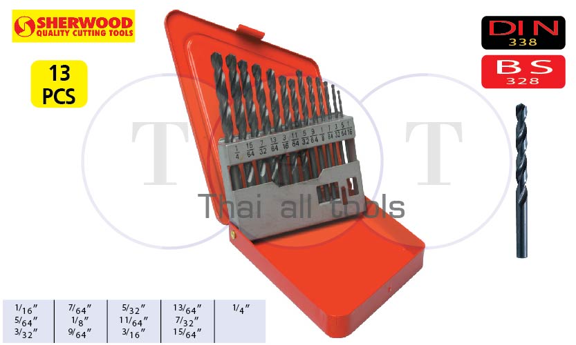 ชุดดอกสว่านเจาะเหล็ก (inch) SET OF 13 HSS DRILLS 1/16-1/4" x 1/64" SHERWOOD