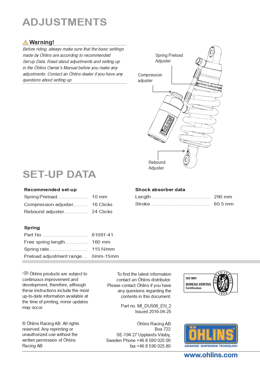 โช๊คหลังแต่ง OHLINS DU 506 For Ducati Monster 821 2015-2018