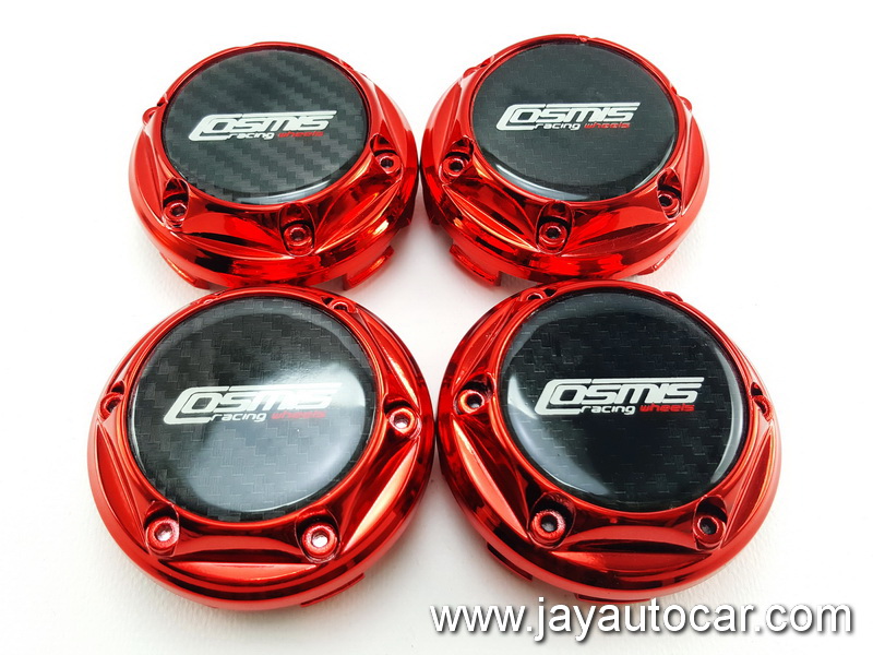 ฝาล้อรถยนต์ แม็กแต่ง ขนาด 73.5 มิล สำหรับ ล้อแม็ก โลโก้ COSMIS RACING WHEELS สีแดง 1ชุด 4ชิ้น 73.5mm.