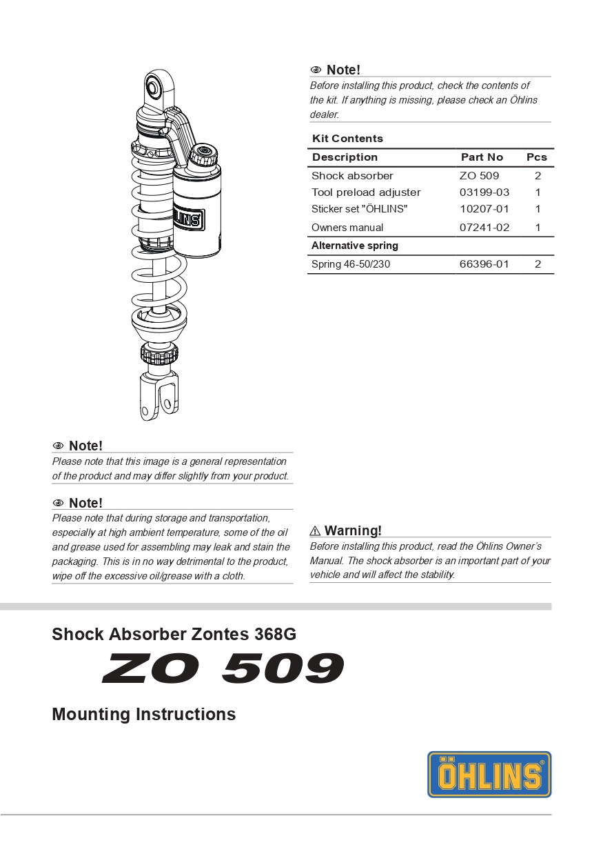 โช๊คหลังแต่ง Ohlins ZO 509 For Zontes 368G ปี2025