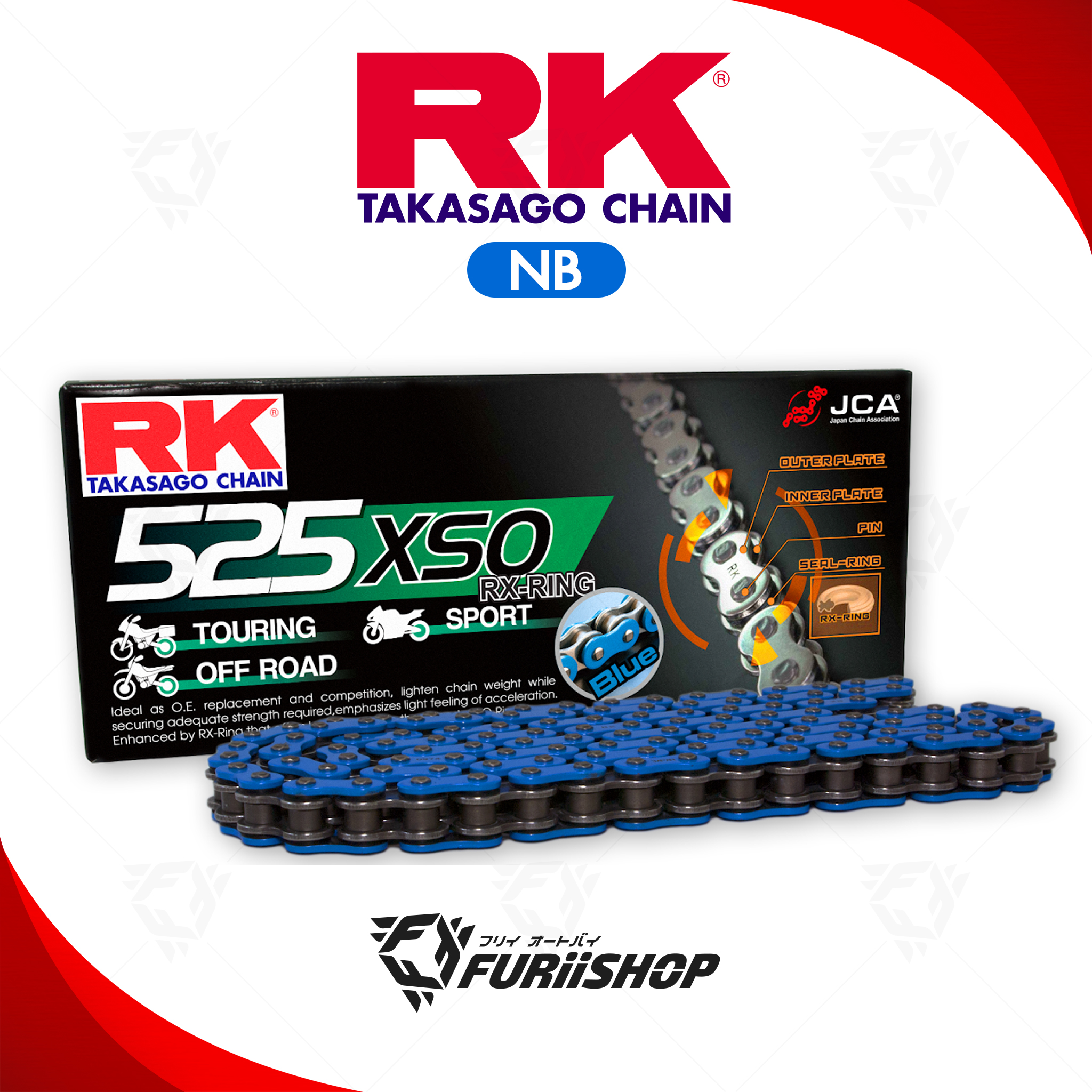 โซ่ RK แท้ 525XSO RX-Ring Chain NB525XSO-120L (สีน้ำเงิน Neon) สำหรับรถมอเตอร์ไซค์ 400-900cc