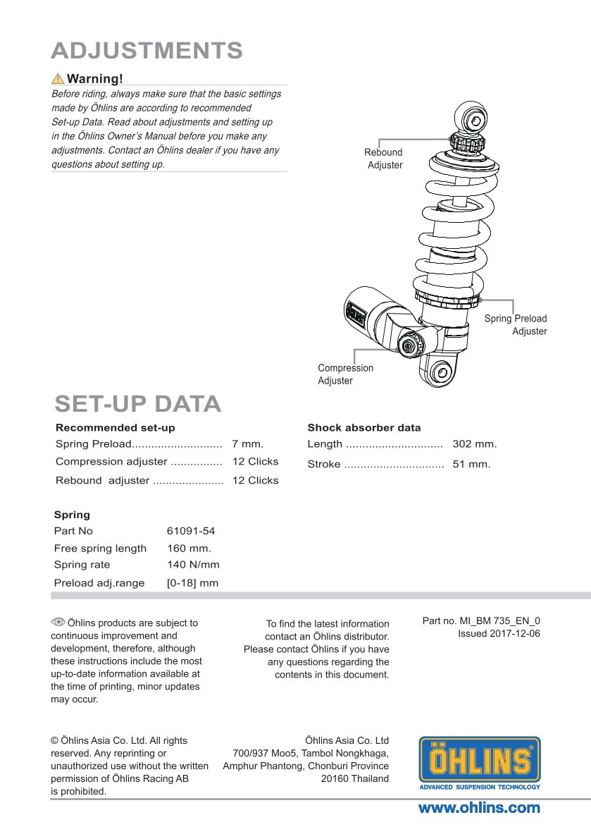โช๊คหลังแต่ง Ohlins BM735 For BMW G 310 R ปี 2016-2023