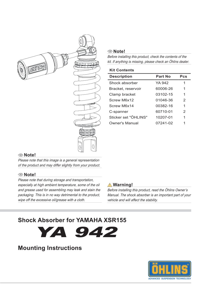 โช๊คหลังแต่ง Ohlins YA942 For Yamaha XSR 155 ปี 2019-2022