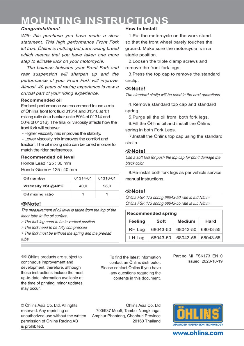 สปริงโช้คหน้า Ohlins FSK173 For Honda Lead 125 2023