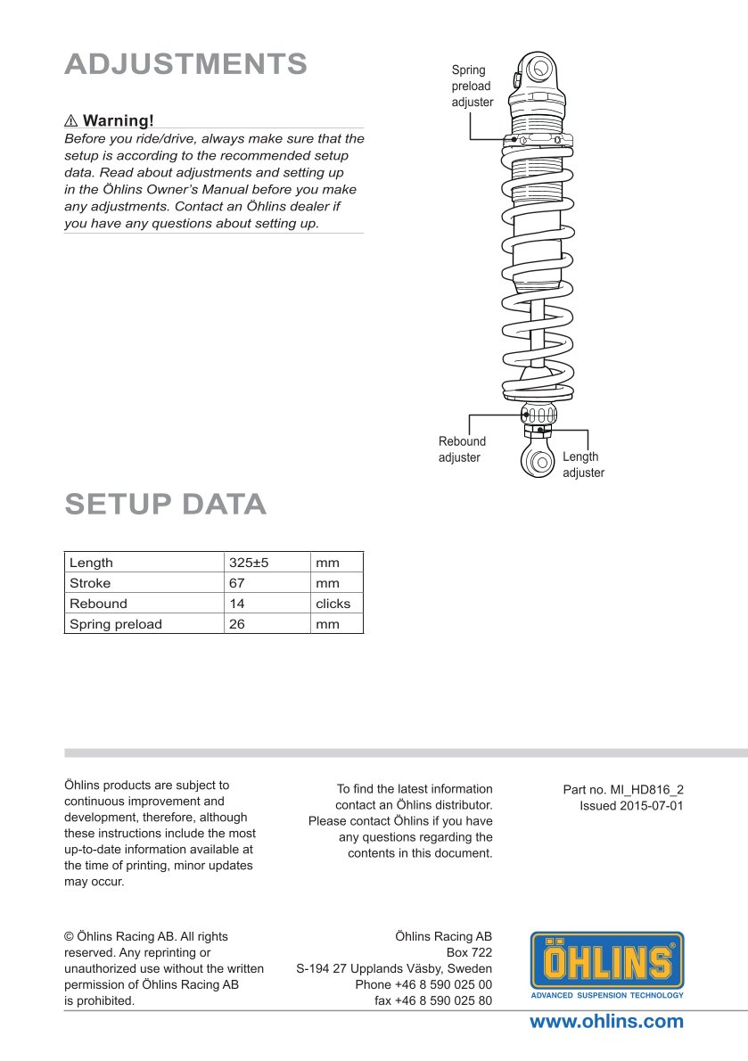 โช๊คหลังแต่ง Ohlins HD816 For Harley-Davidson Dyna FXD ปี 1991-2017