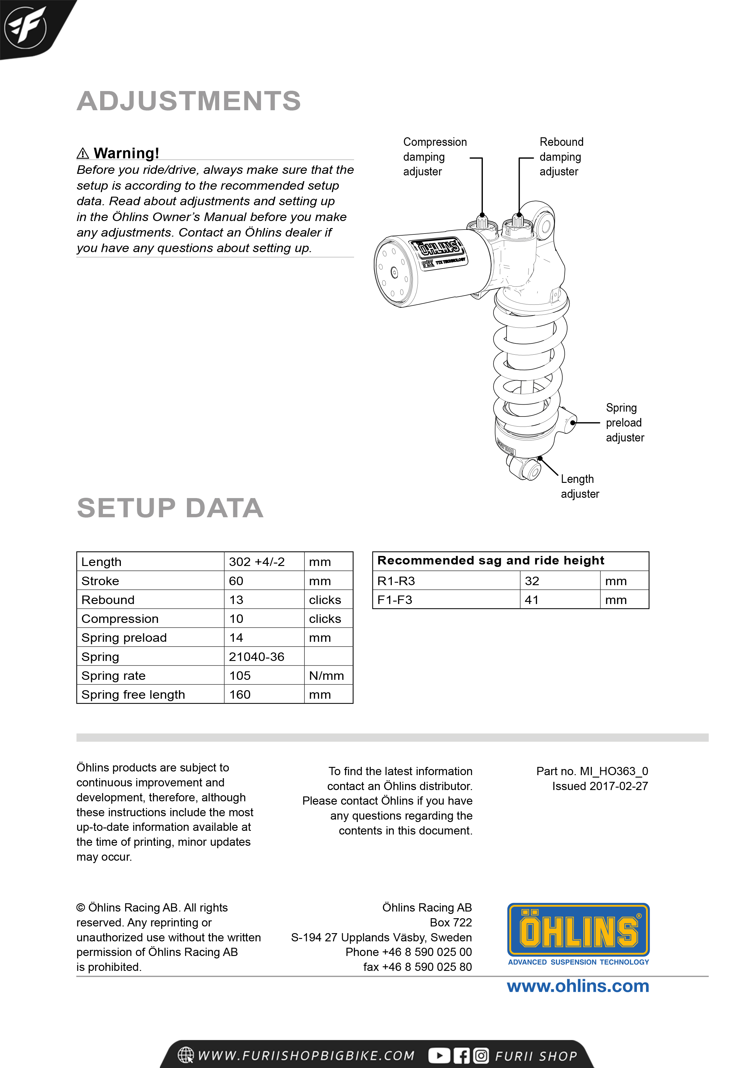 โช๊คหลัง โช๊คอัพ โช๊คแต่ง โช๊คมอเอตร์ไซค์ OHLINS HO 363 TTX GP FOR HONDA CBR1000RR 2017