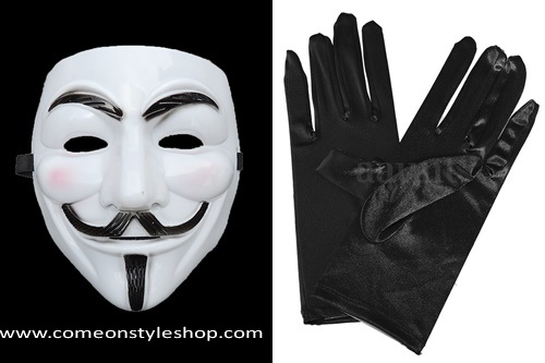 หน้ากาก+ถุงมือ Guy Fawkes จากภาพยนต์เรื่อง V for Vendetta หน้ากากปาร์ตี้ ออกงาน การแสดง V for Vendetta Mask Masquerade Ball Halloween Party Fancy Dress Costume (หน้ากาก+ถุงมือ) M300GL