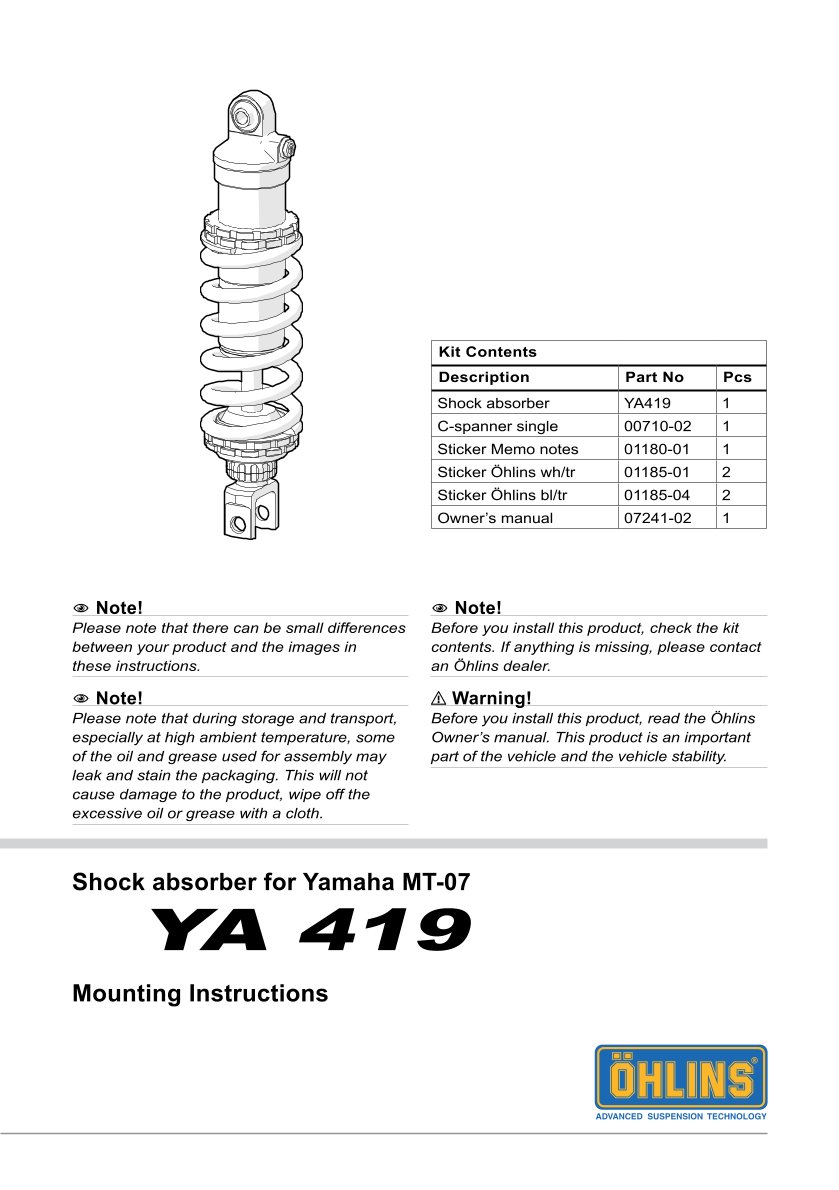 โช๊คหลังแต่ง Ohlins YA419 For Yamaha XSR 700/XTribute ปี 2016-2024