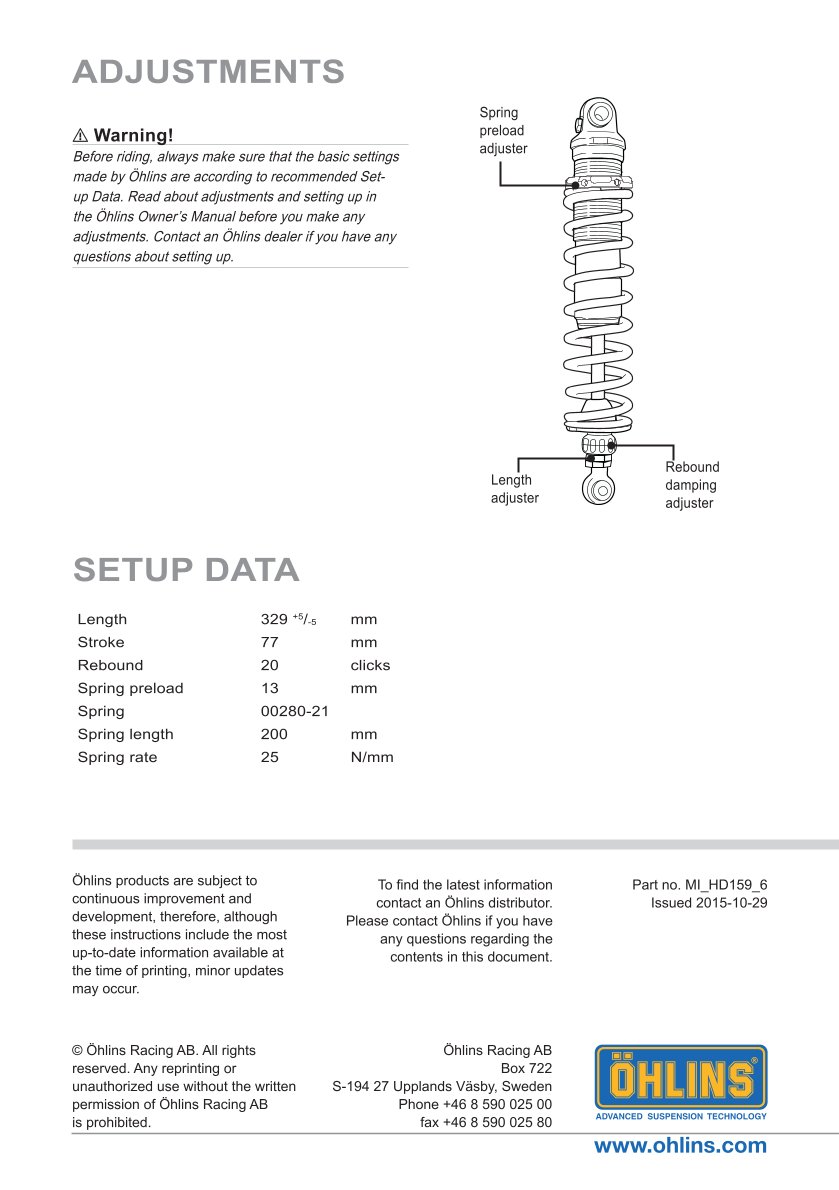 โช๊คหลังแต่ง Ohlins HD159 For Harley-Davidson FL Touring (Road King, Street Glide, Electra Glide etc) ปี 1995-2020