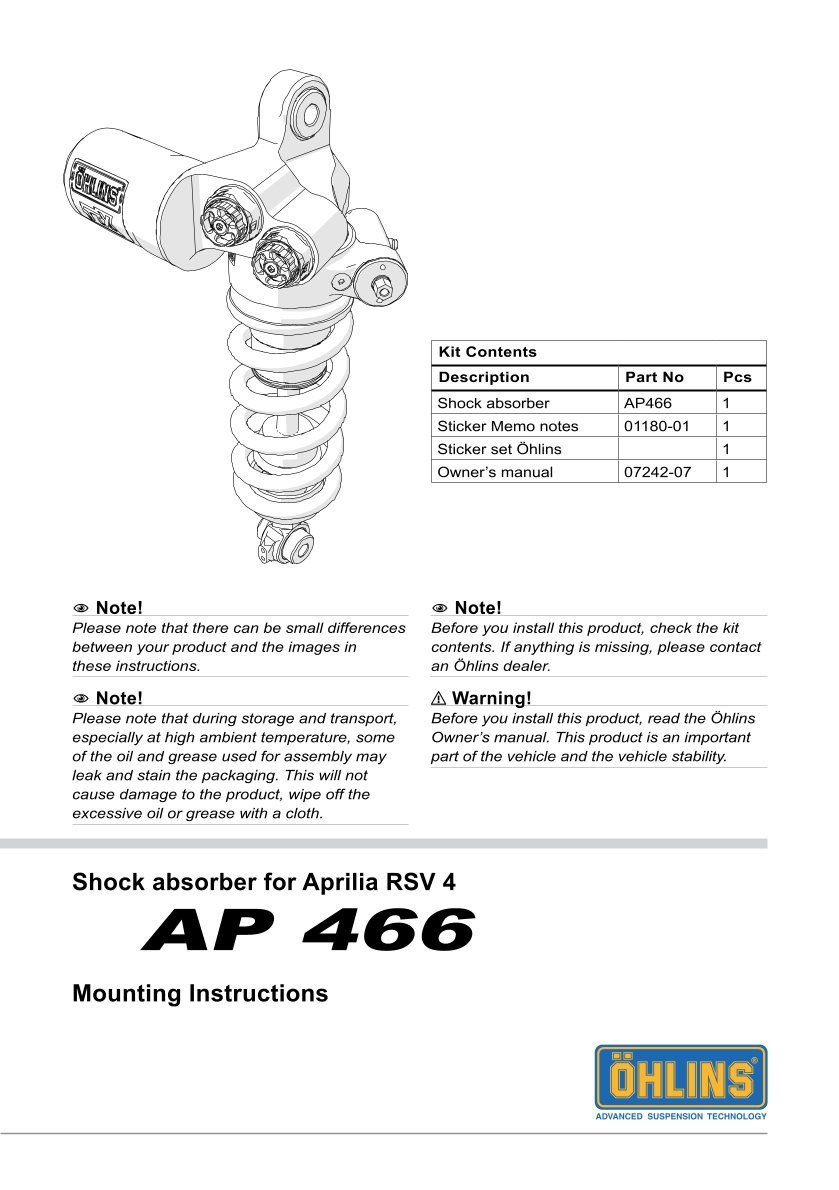 โช๊คหลังแต่ง Ohlins AP466 For Aprilia RSV4 1000 ปี 2009-2016
