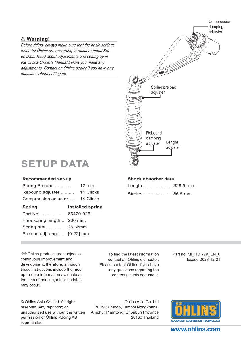 โช๊คหลังแต่ง Ohlins HD779 For Harley-Davidson FL Touring (Road King, Street Glide, Electra Glide etc) 13" ปี 2014-2024