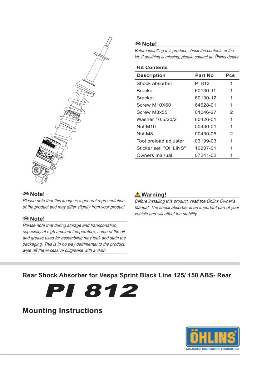 โช๊คหลังแต่ง Ohlins PI812 For Vespa Sprint 150 ABS ปี 2017-2024