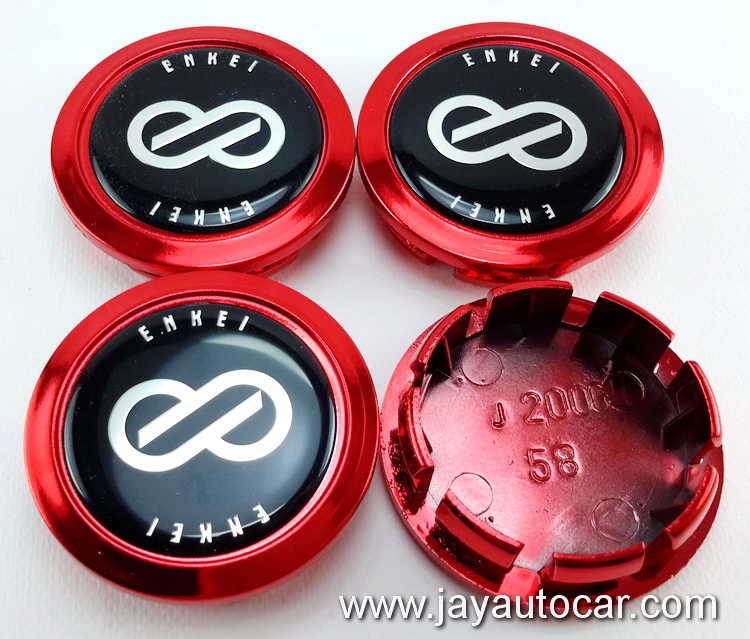 ฝาล้อรถยนต์ สำหรับ ล้อแม็ก สติ๊กเกอร์ ENKEI สีแดง ขนาด 58 มิล 1ชุด 4ชิ้น 58mm.